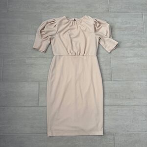 Calvin Klein Ruched Knee Length Midi Dress Blossom Pink Scoop Neck Puff Sleeve 6